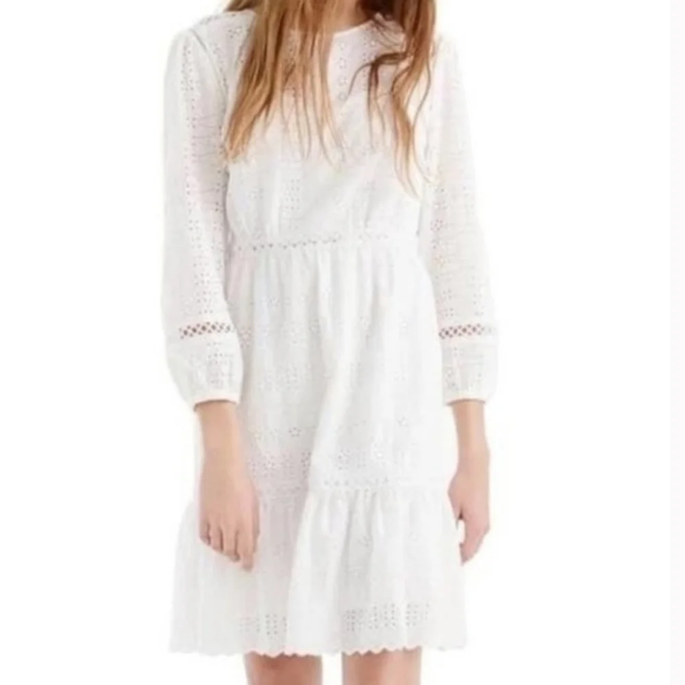 New J. Crew White Eyelet Cutout Long Sleeve Lined Dress 2 petite